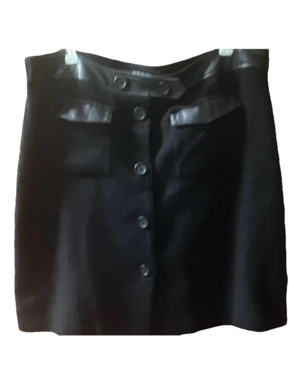Karl Lagerfeld Women’s Black Solid Tweed Mini Skirt Leather AccentButton Size 12